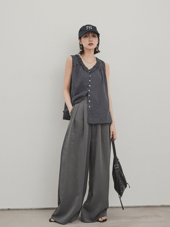 [SET] 條紋荷葉邊襯衫 + 亞麻觸感褶皺寬褲 (2 件套)