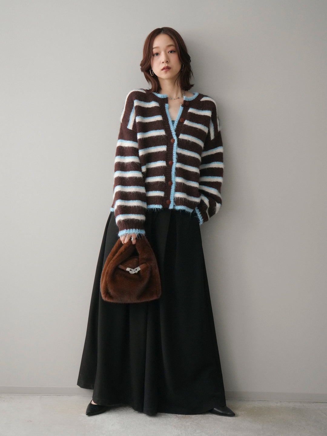 [SET]ウールタッチ配色ボーダーニットカーディガン+テープベルトタックバギーパンツ(2set)