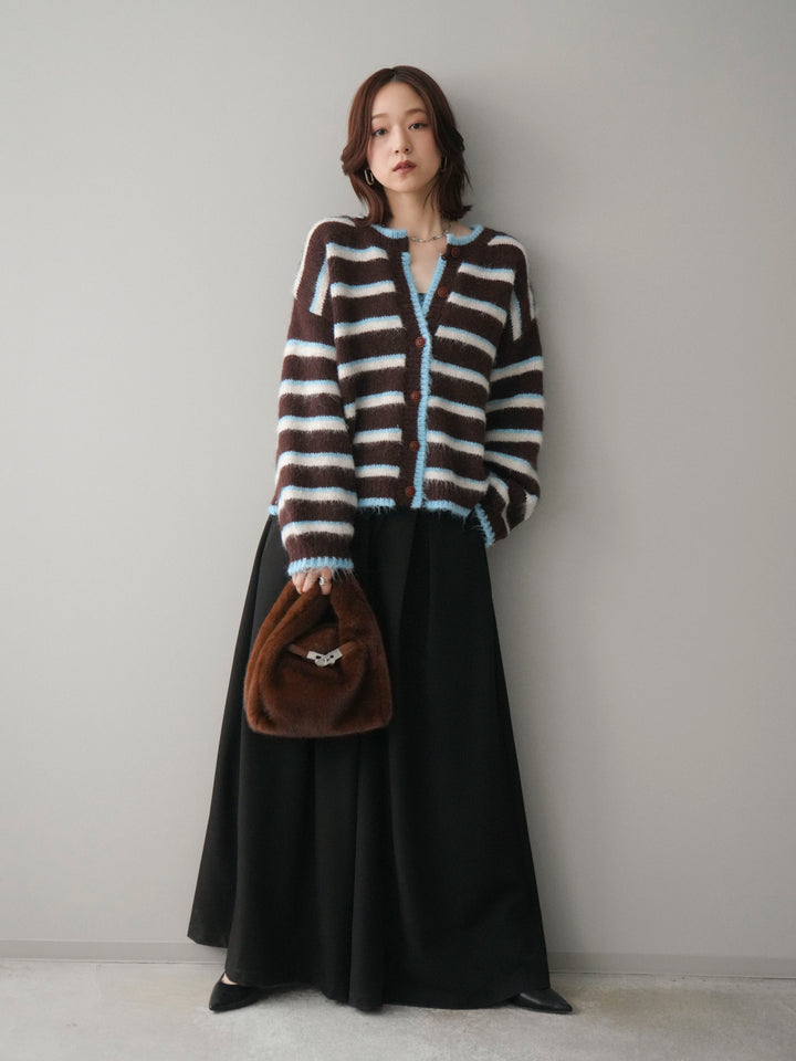 [SET]ウールタッチ配色ボーダーニットカーディガン+テープベルトタックバギーパンツ(2set)