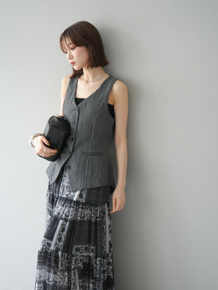 [SET]リネンタッチバックオープンベスト＆ニュアンス柄マキシスカートSET UP(2set)
