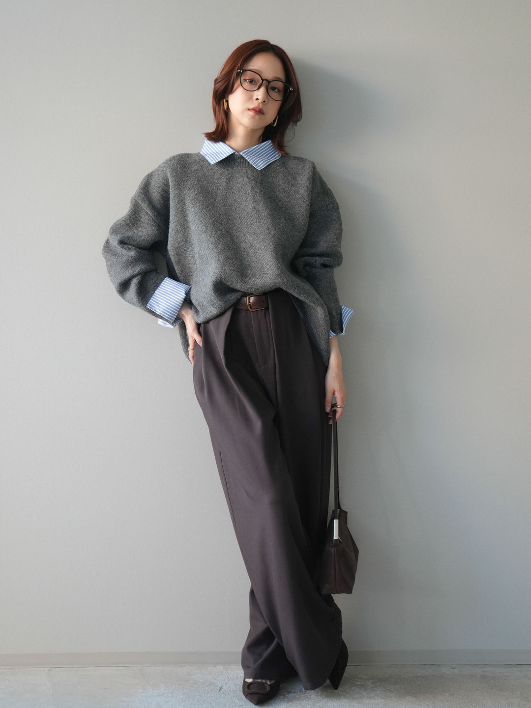 [SET]2WAYストライプ襟ニットプルオーバー+ベルトループデザインワイドパンツ(2set)