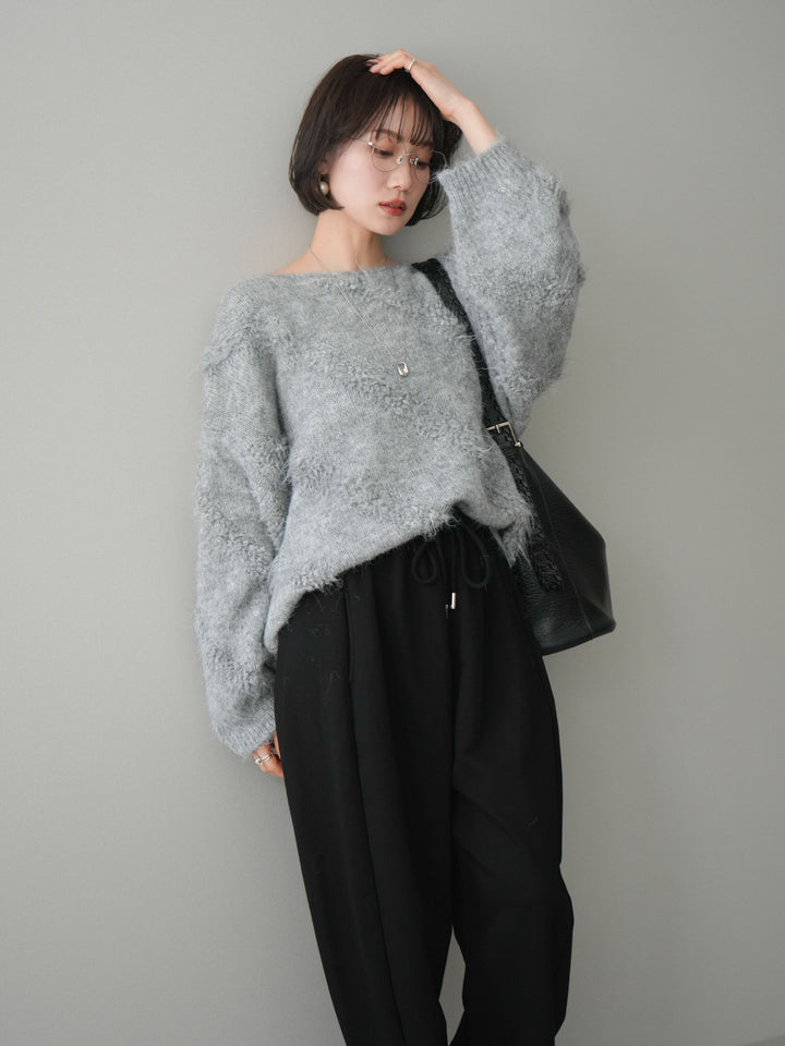 [SET]シャギーデザインニットプルオーバー+裾ZIPスエットワイドパンツ(2set)