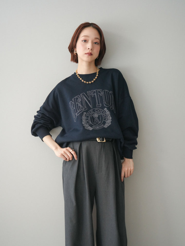 [SET]カレッジロゴ刺繍BIGスウェットプルオーバー+サテンベルトタックワイドパンツ(2set)