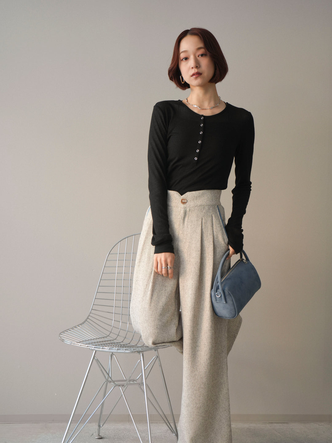 [予約]シアーリブヘンリーネックロンT/black