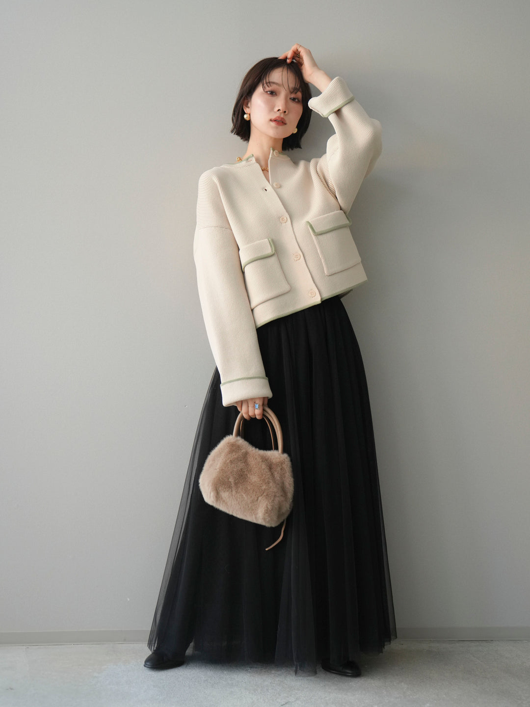 [SET]ポリエステル配色ニットカーディガン+チュールボリュームスカート(2set)