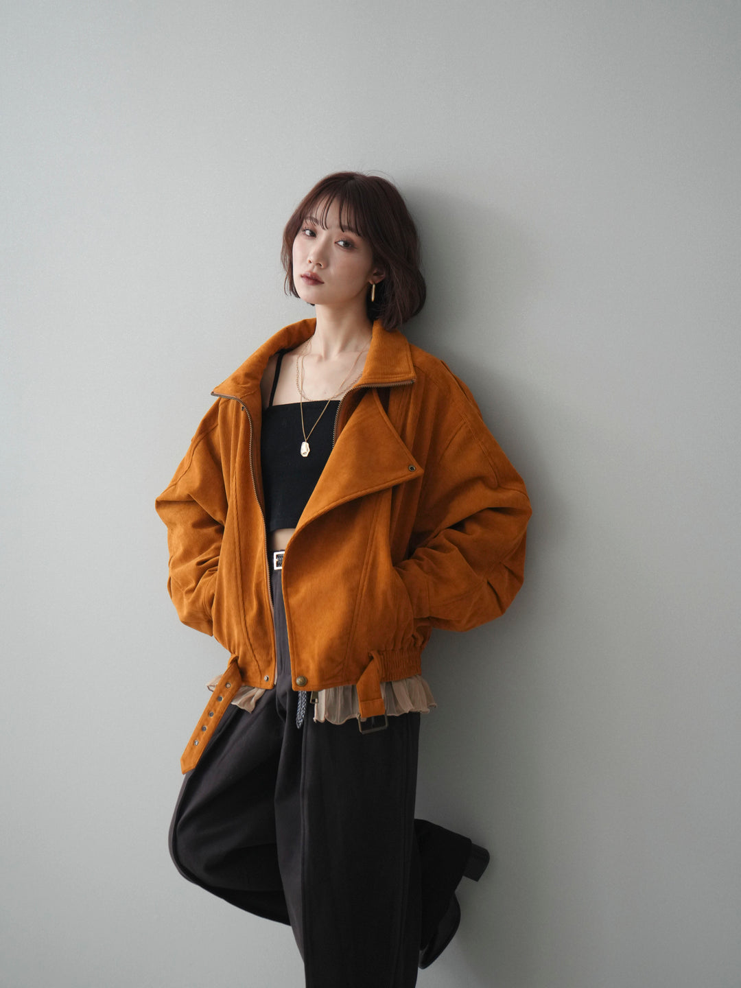 [予約]コーデュロイライダース裾レースブルゾン/orange