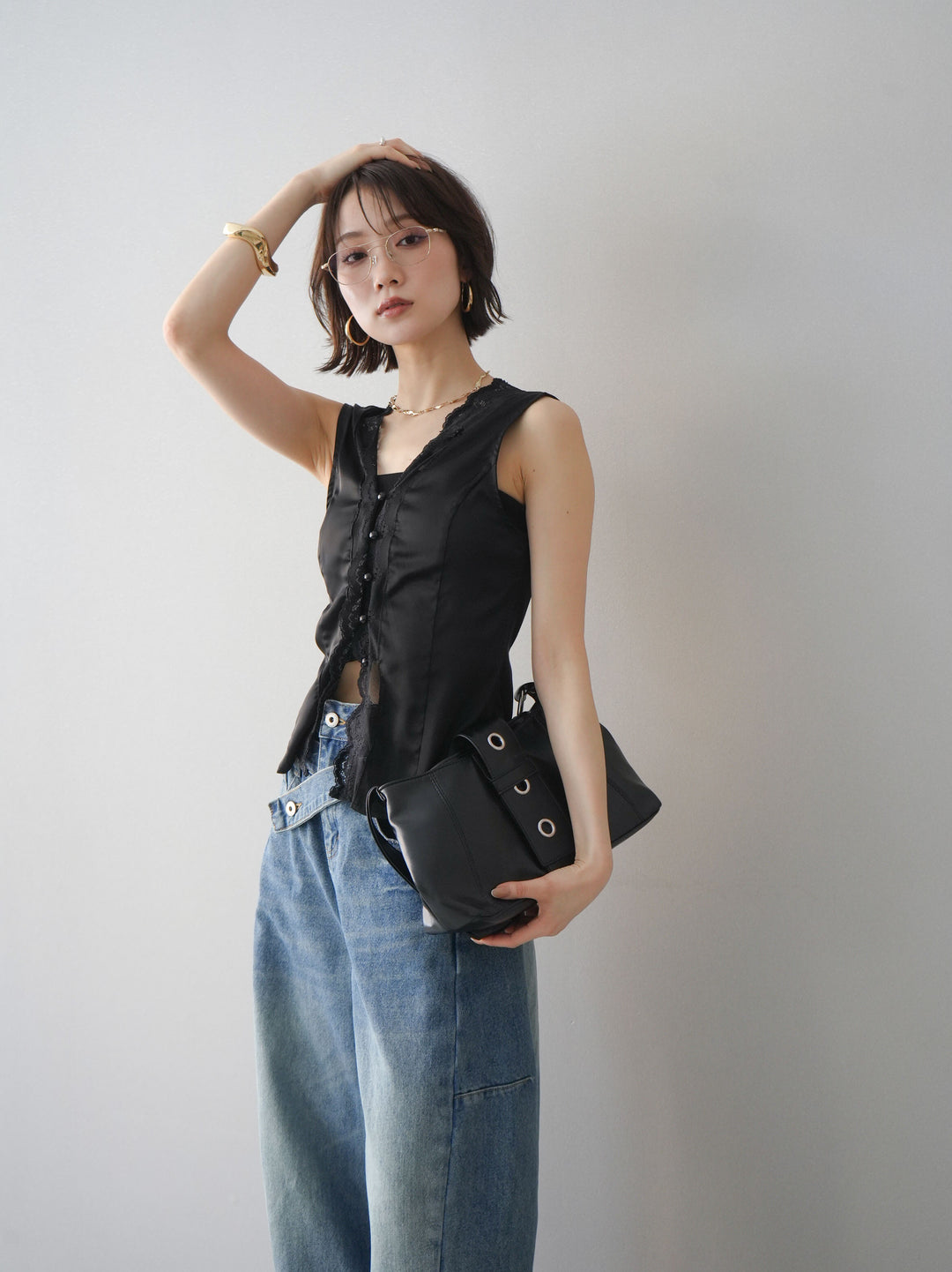 [予約]ノースリサテンレースキャミソール/black