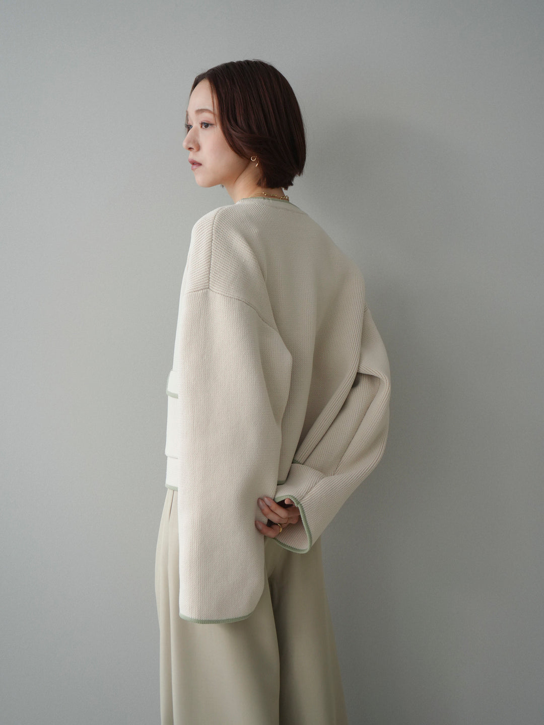 [SET]ポリエステル配色ニットカーディガン+ウエストレースタックワイドパンツ(2set)