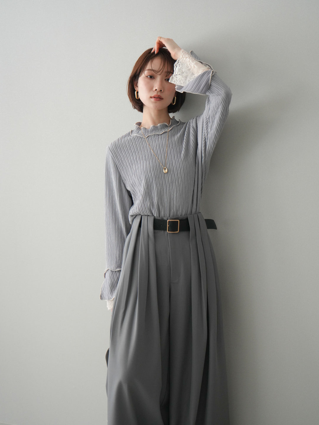 [予約]袖レース楊柳メロートップス/lightgray