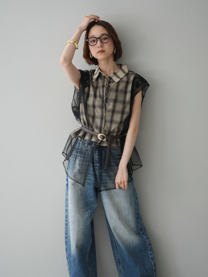 [予約]チュールドッキングチェックノースリブラウス/beige