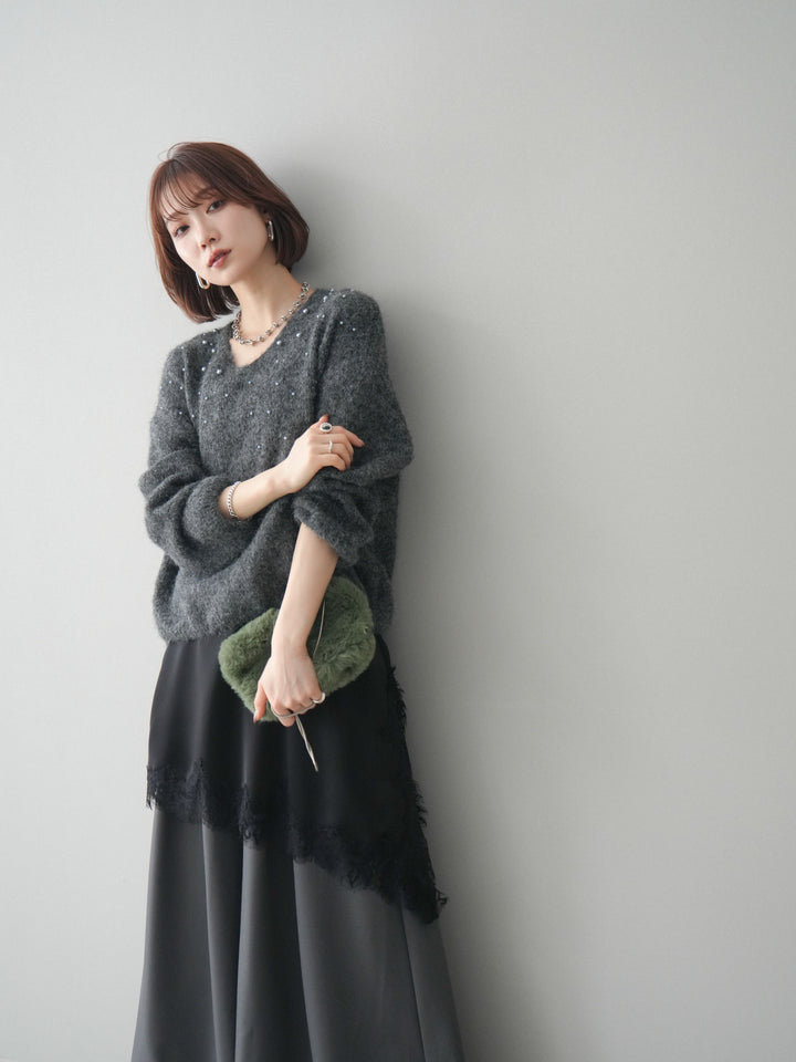 [SET]パール×ビジューVネックニットプルオーバー+アシンメトリーサテンレースキャミソール+テープベルトタックバギーパンツ(3set)