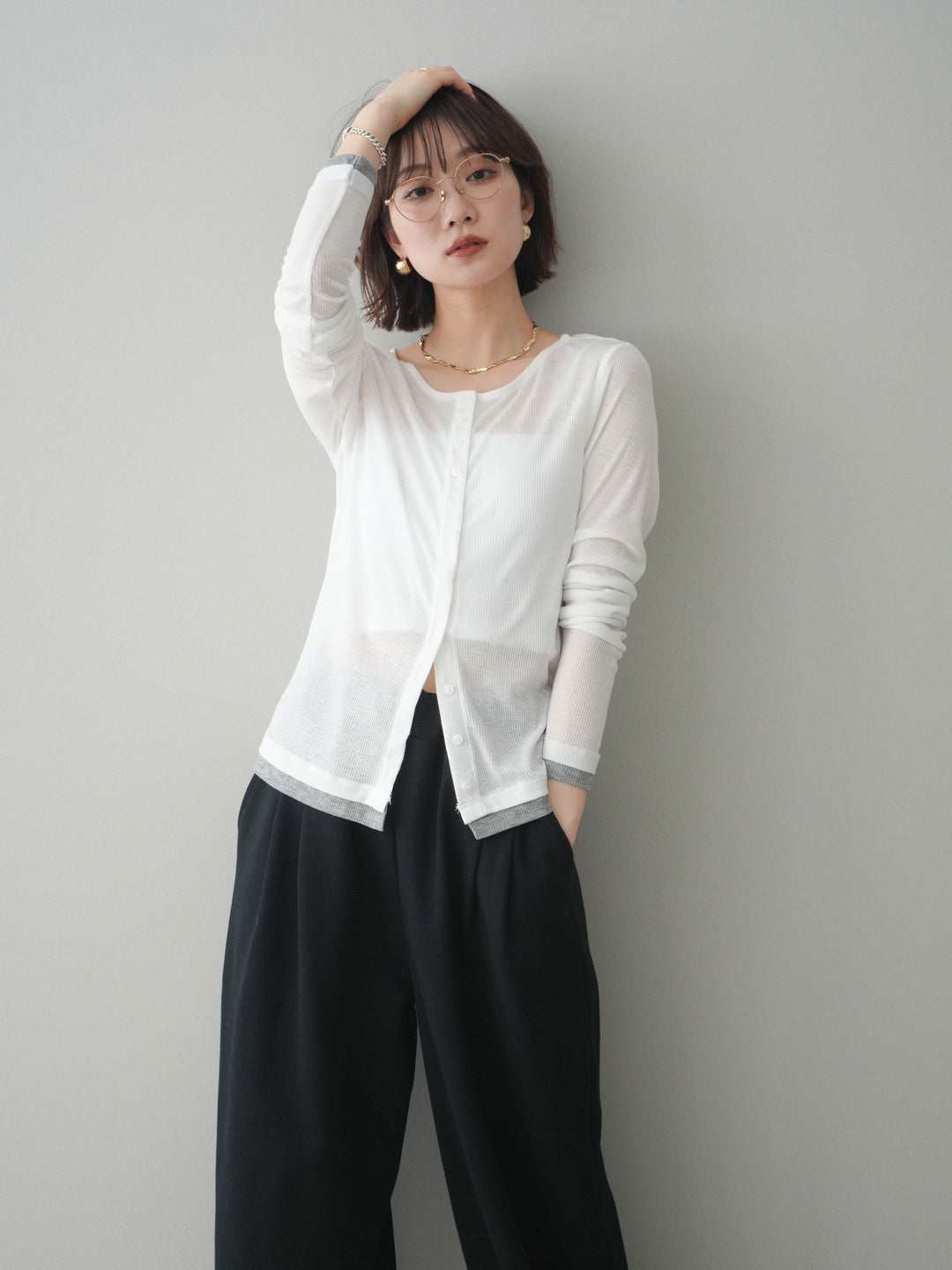 [予約]シアーリブバイカラーカーディガン/white