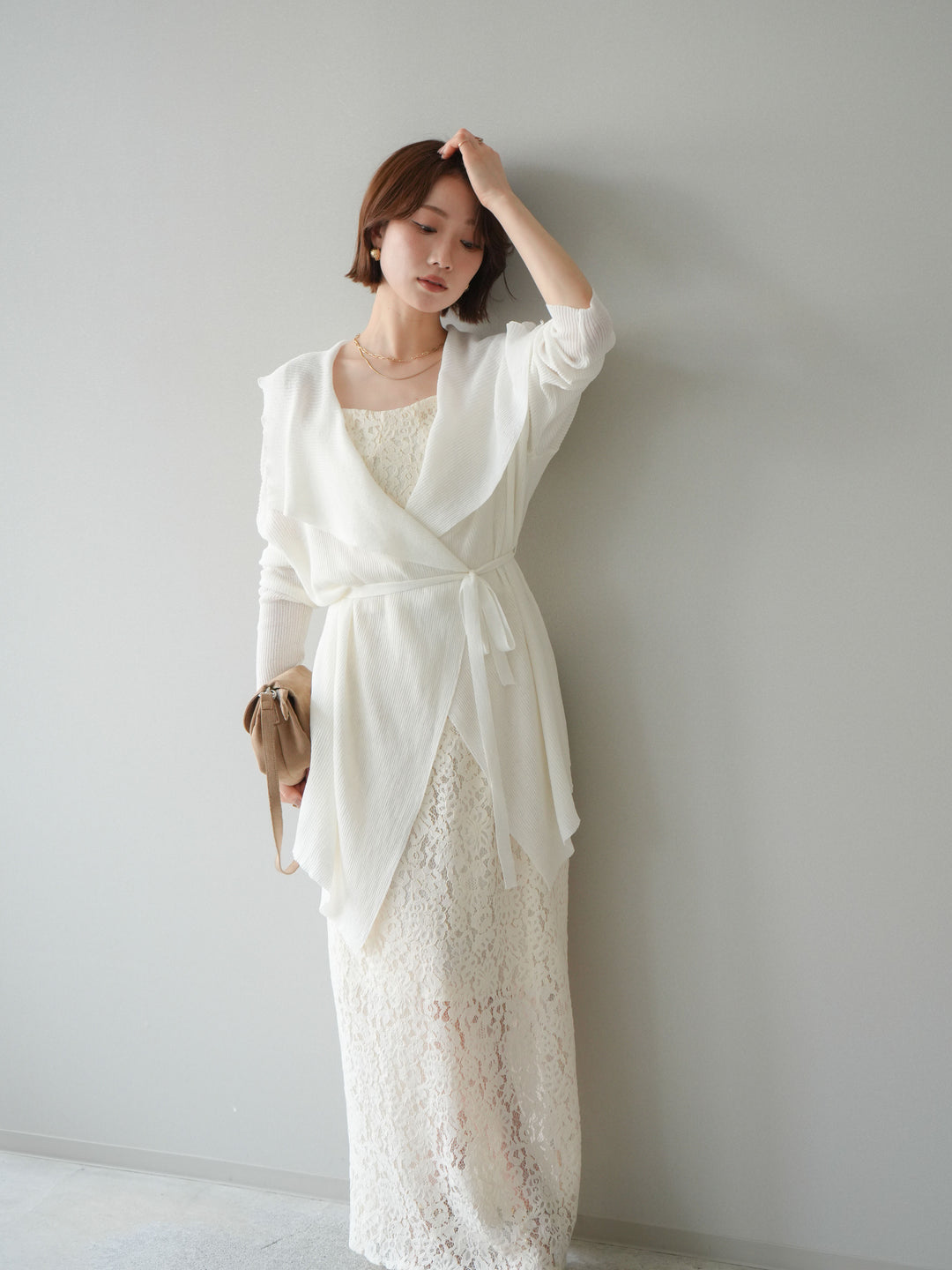 [SET]ドレープリブニットガウン+フルレースキャミ＆IラインスカートSET UP(2set)
