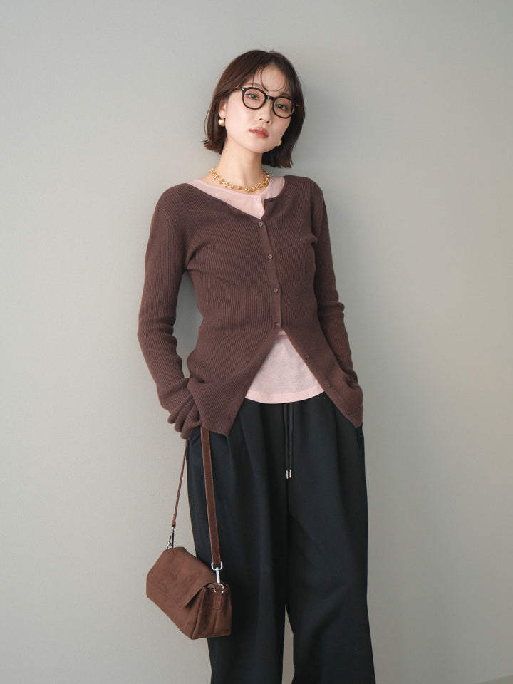 [予約]前後2WAYリブ編みクルーネックカーディガン/darkbrown