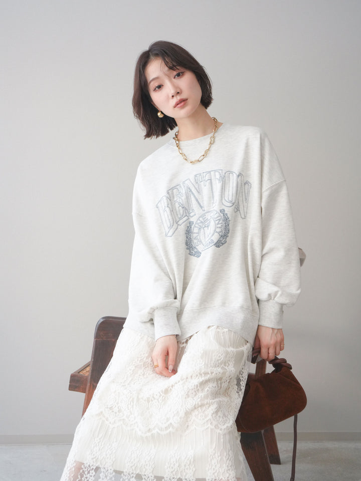 [SET]カレッジロゴ刺繍BIGスウェットプルオーバー+裏プリーツ総レースロングスカート(2set)