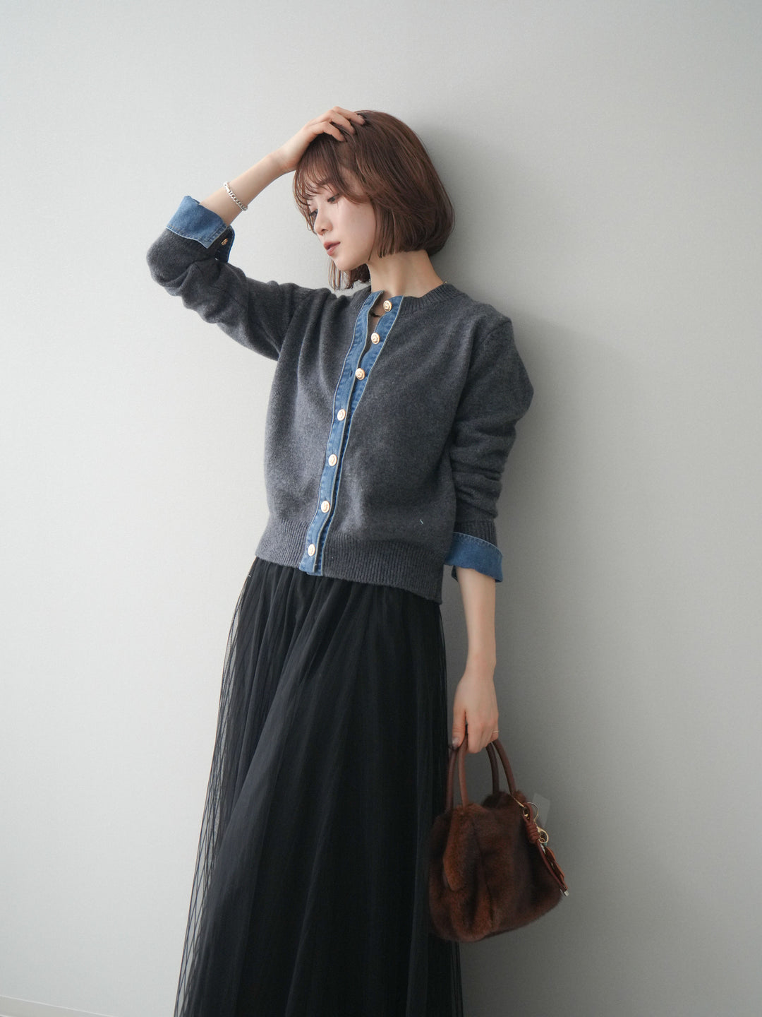 [SET]クルーネックデニムドッキングニットカーディガン+選べるアクセセット(2set)