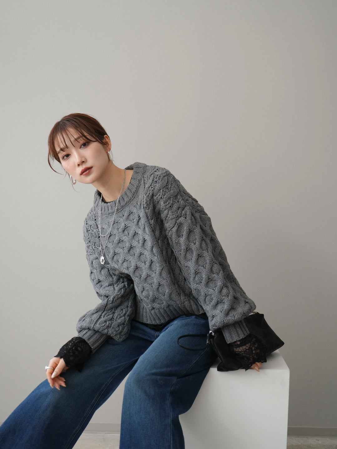 [SET]バルキーケーブルクロップドニットプルオーバー+チュールレーストップス(2set)