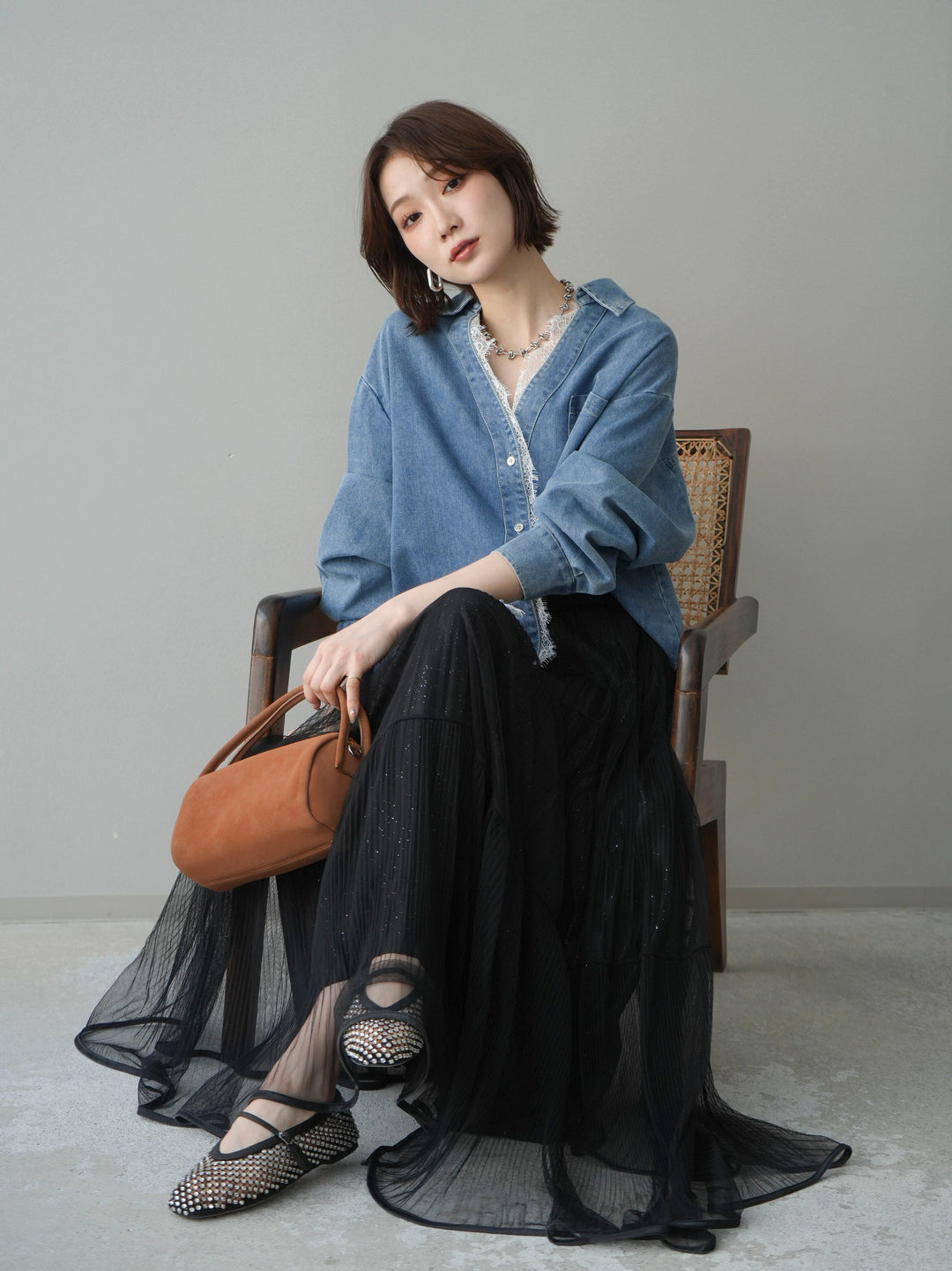 [SET]レースレイヤードデニム開襟シャツ+選べるアクセセット(2set)