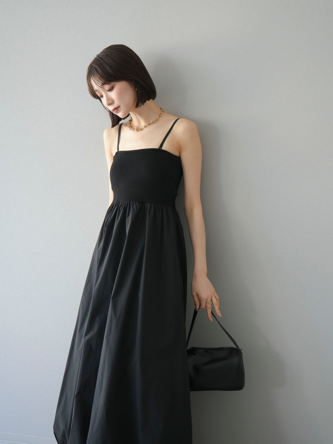 [予約]異素材ドッキングカップ付ベアキャミバルーンワンピース/ブラックブラック