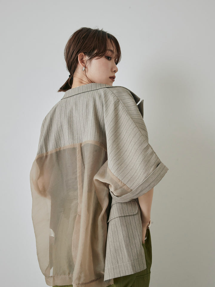 [予約]バックオーガンジーヘリンボーンストライプハーフジャケット/グレージュ
