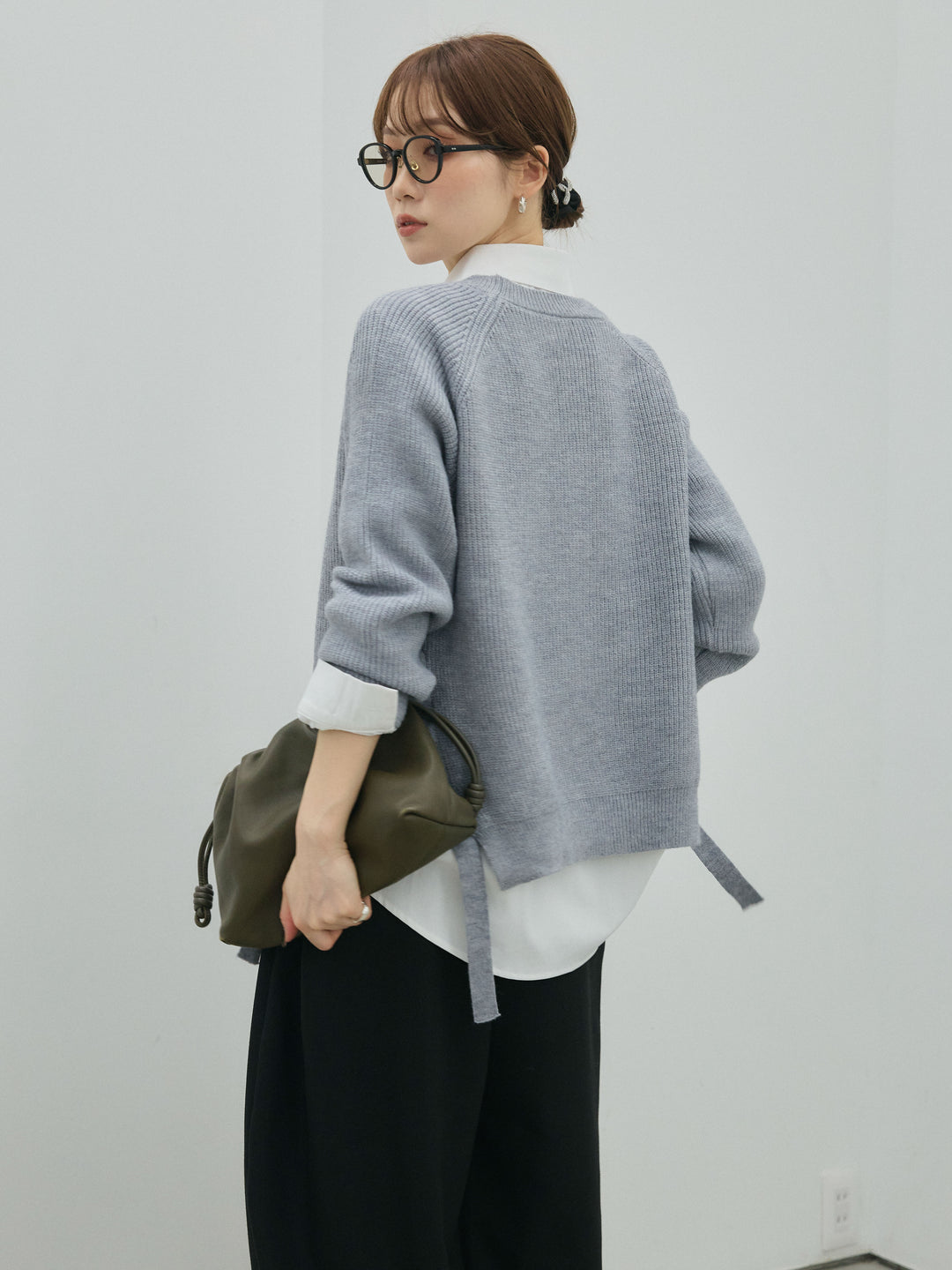 【Allure】[SET]サイドスリット畦編みニットプルオーバーシャツアンサンブル+モックスカルゼサイドタックコクーンパンツ(2set)