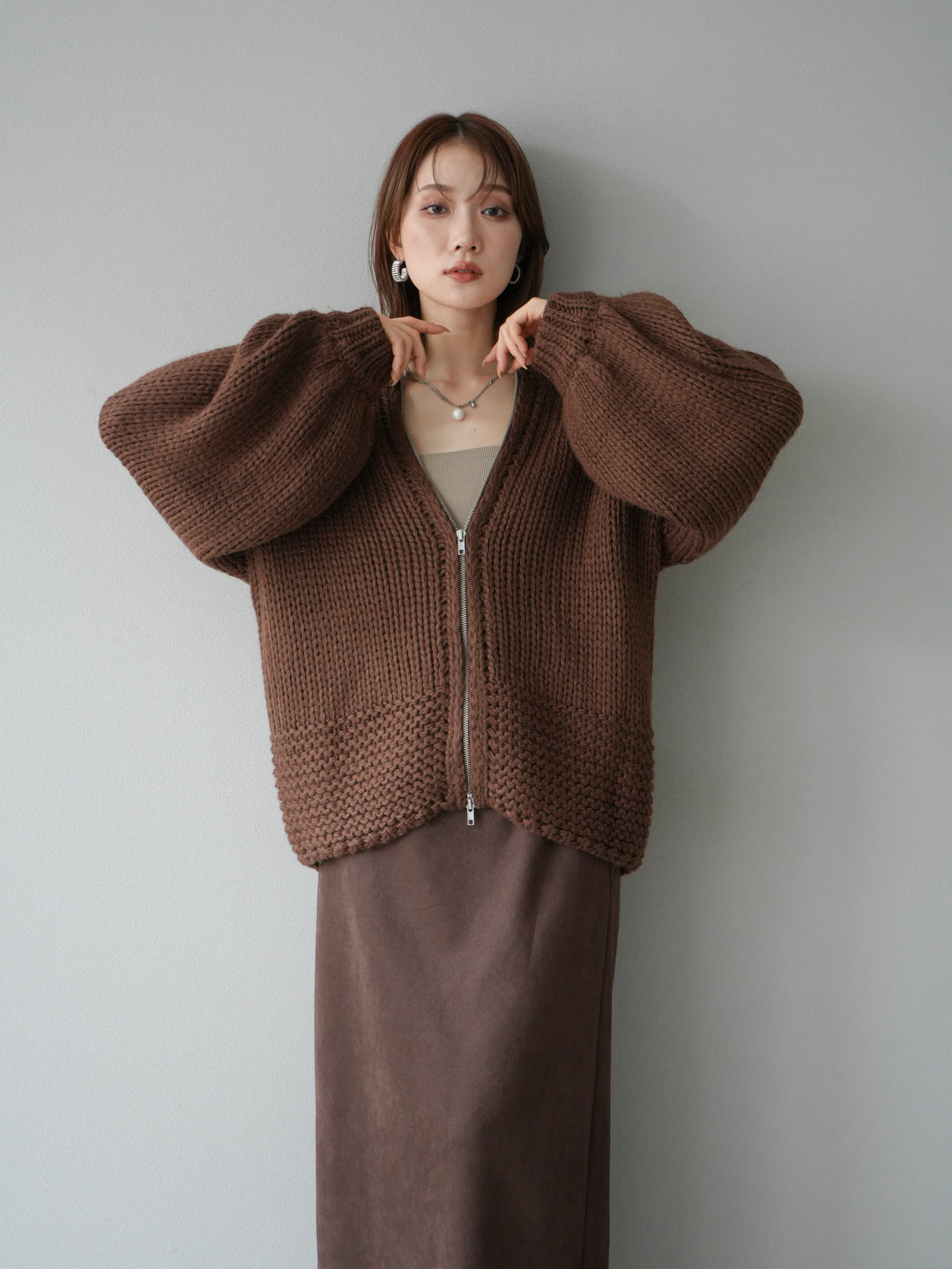 [予約]ロービングケーブルオーバーZIPニットカーディガン/ブラウン