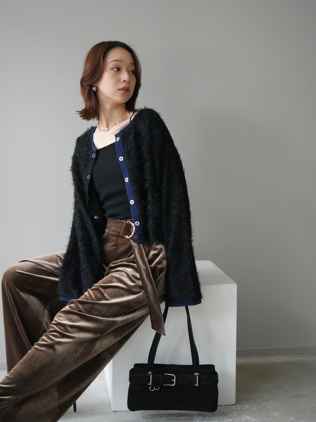 [予約]バイカラー2WAYシャギーニットカーディガン/black