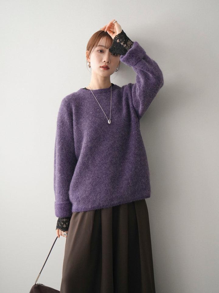 [SET]アンゴラタッチクルーネックニットプルオーバー+テープベルトタックバギーパンツ(2set)