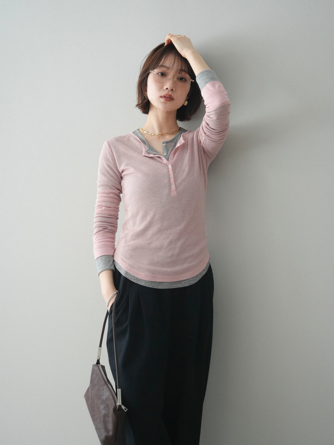 [予約]シアーリブヘンリーネックロンT/pink