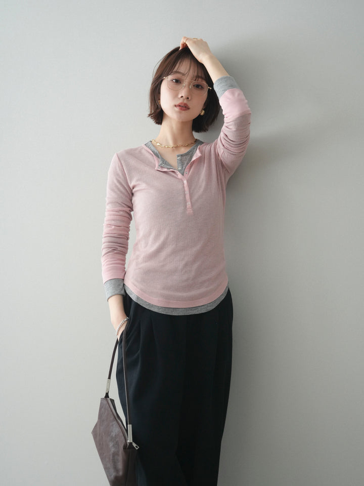 [予約]シアーリブヘンリーネックロンT/pink