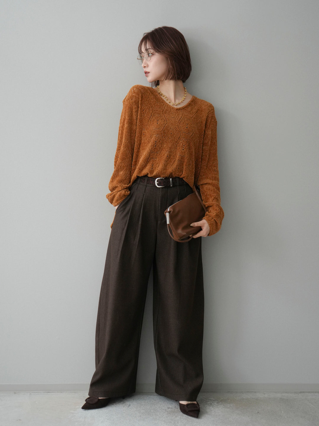 [予約]モール透かし編みニットトップス/camel