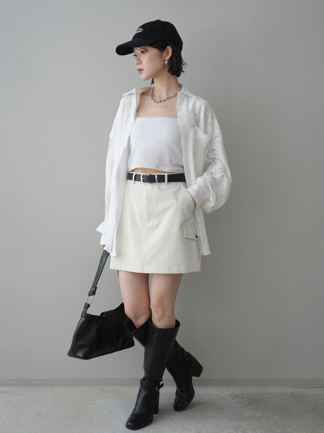 【套裝】提花蕾絲罩衫+繫帶工裝迷你裙（兩件套）