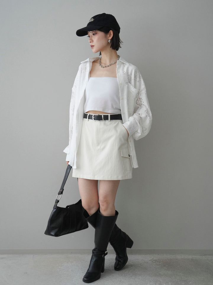 【套裝】提花蕾絲罩衫+繫帶工裝迷你裙（兩件套）