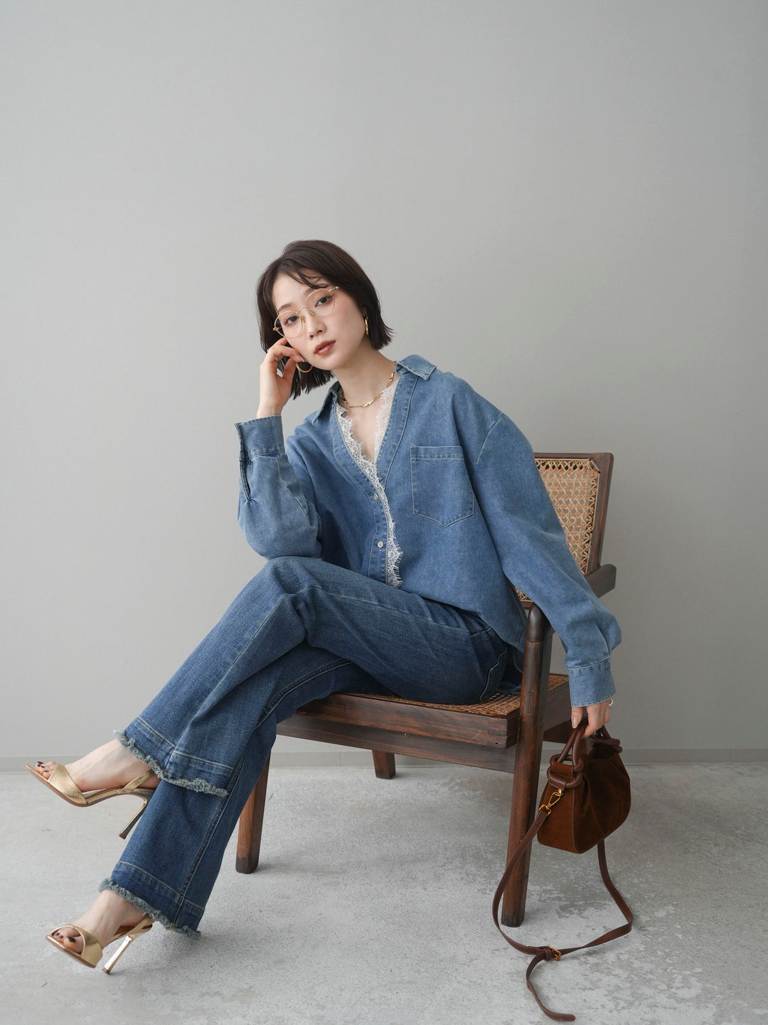 [SET]レースレイヤードデニム開襟シャツ+選べるアクセセット(2set)