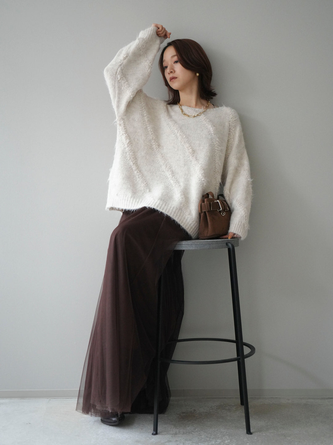 [予約]ブークレラインデザインニットプルオーバー/ivory