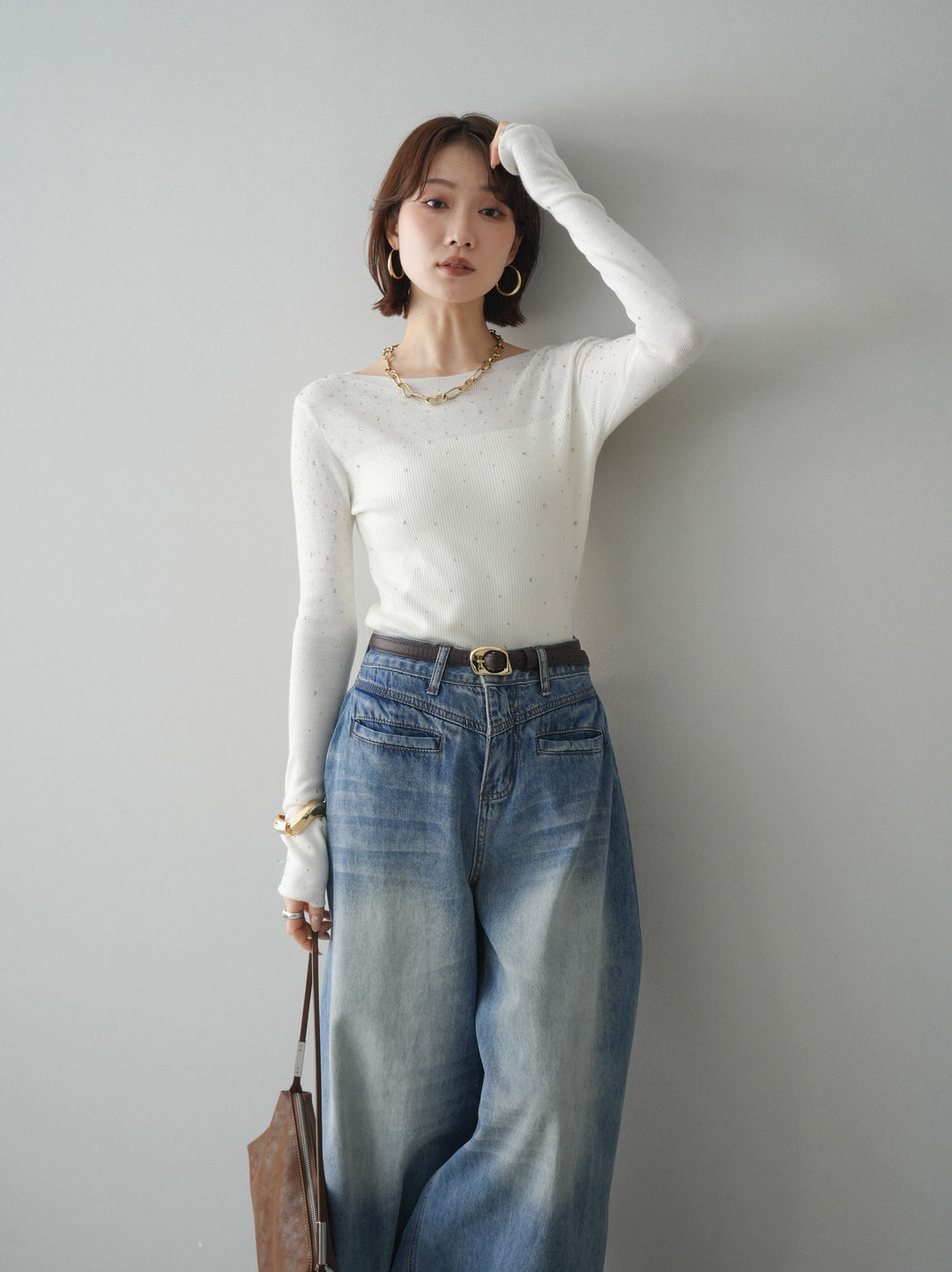 [SET]スパンコールシアーニットトップス+フロントポケットサイドタックワイドデニム(2set)