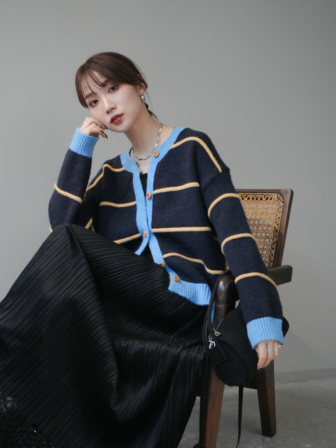 [予約]配色ボーダーニットカーディガン/navy