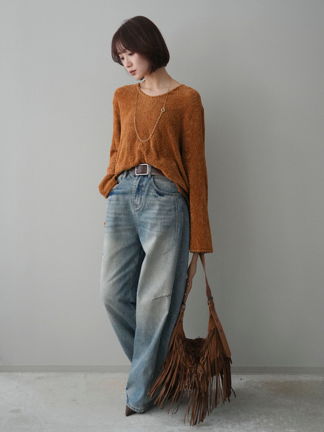 [SET]モール透かし編みニットトップス+ベルト付カーブデニムパンツ(2set)