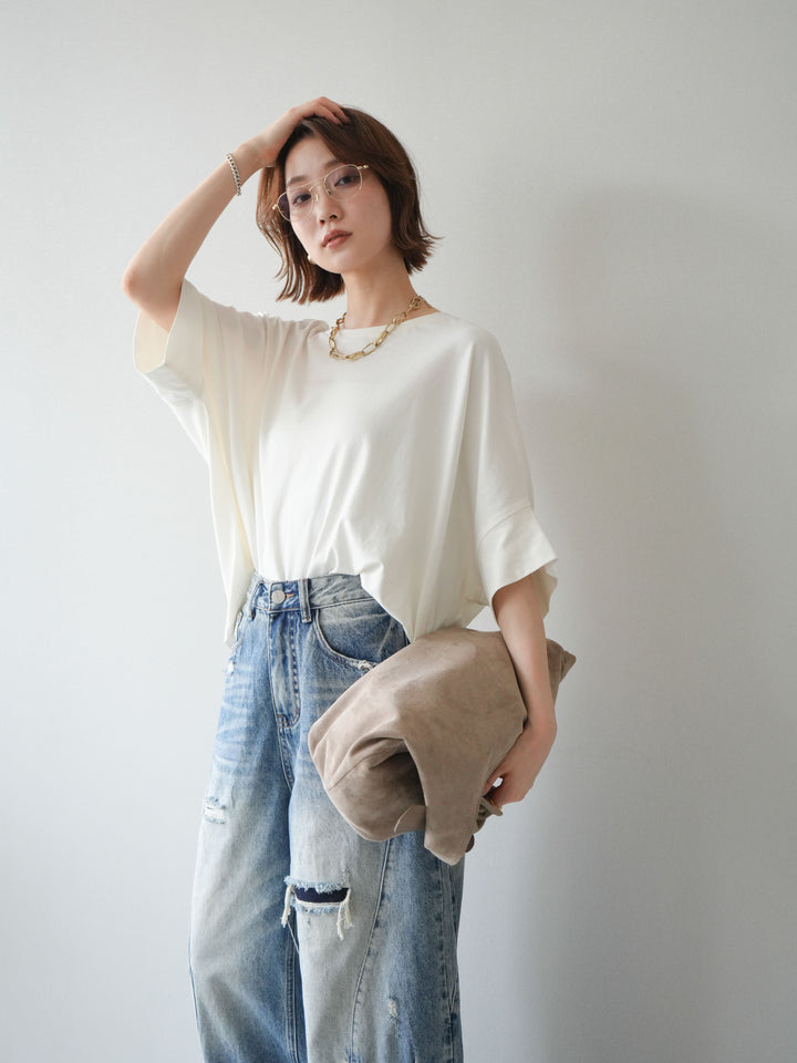 [SET]ドルマンワイドフレアトップス+ダメージカーブワイドデニムパンツ(2set)