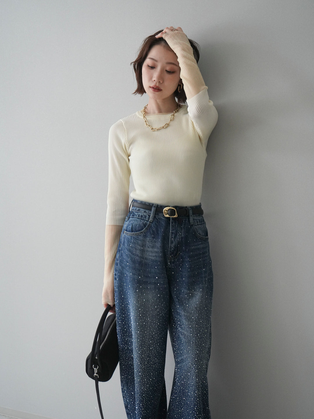 [SET]リブラメシアー切替リブニットトップス+ラインストーンカーブデニムパンツ(2set)