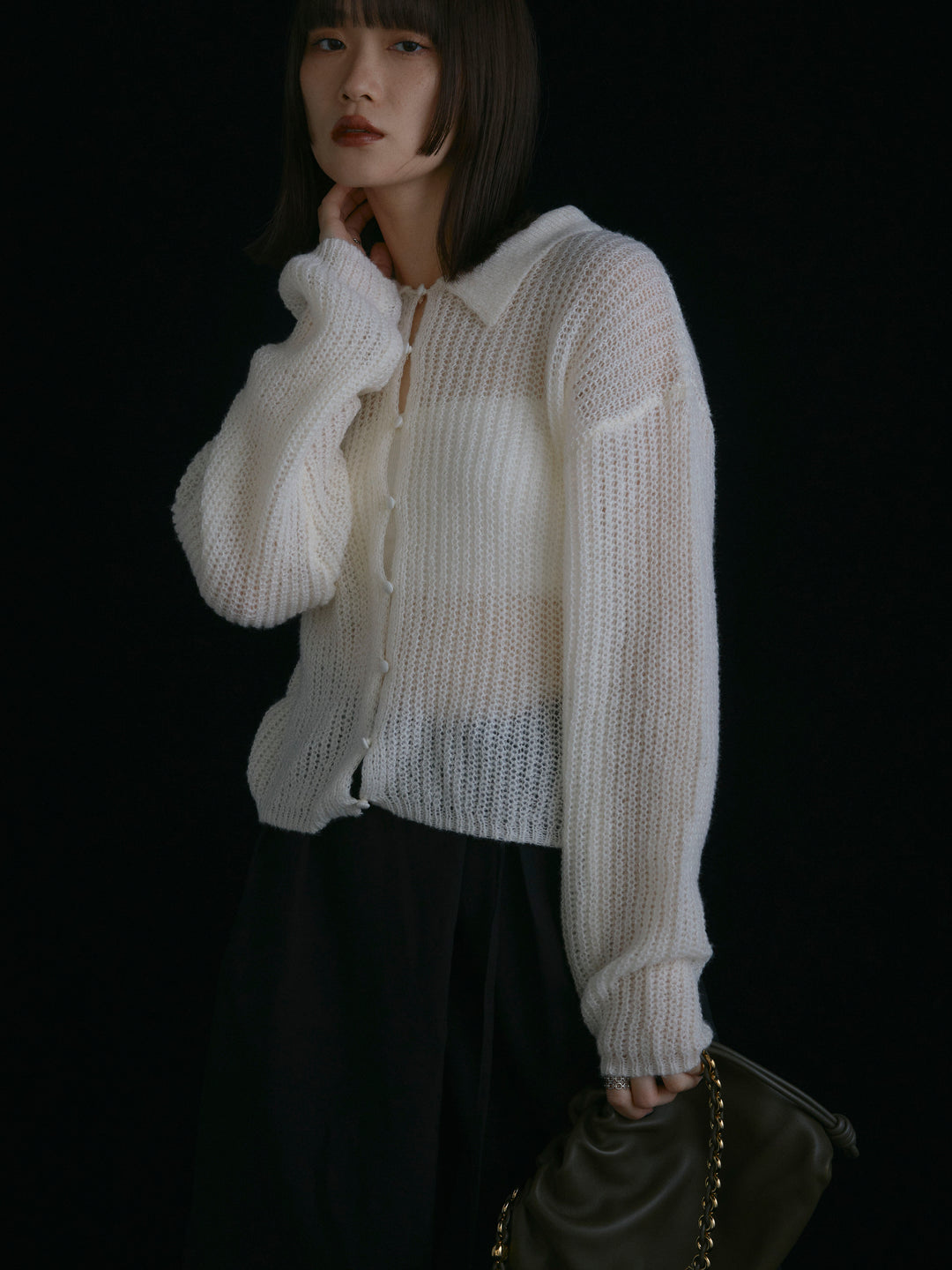 【Allure】[SET]起毛片畦編みシアーポロニット+ラップデザインタックワイドパンツ(2set)