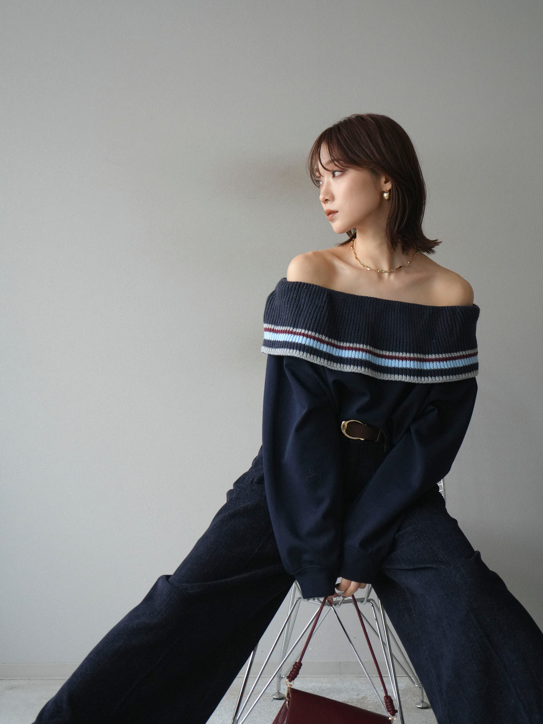 [予約]ボーダーニットオフショルダーxスウェットプルオーバー/navy