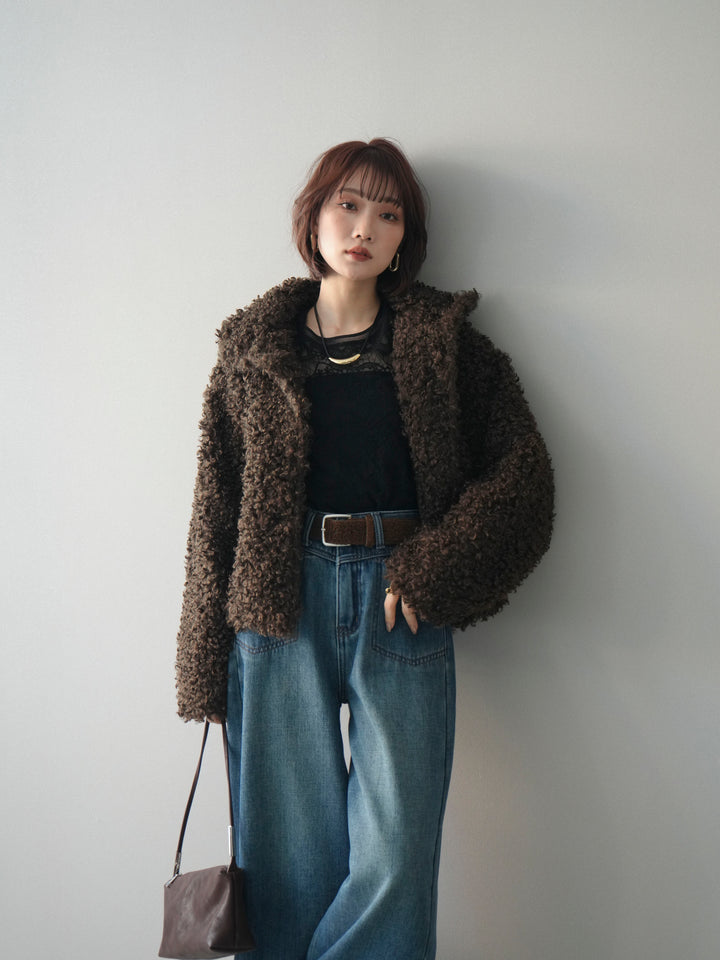 [SET]プードルファーミドルスタンドブルゾン+ベルト付裏起毛カーブデニムパンツ(2set)