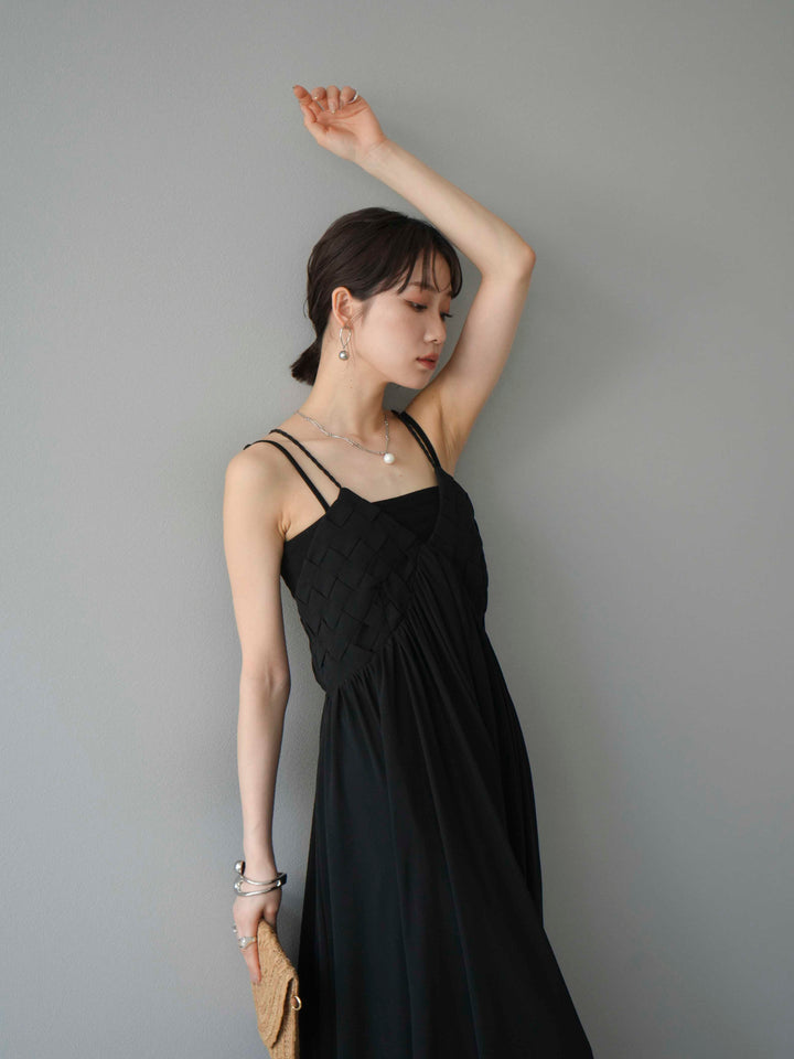 [予約]編み込みデザインシフォンワンピース/ブラック