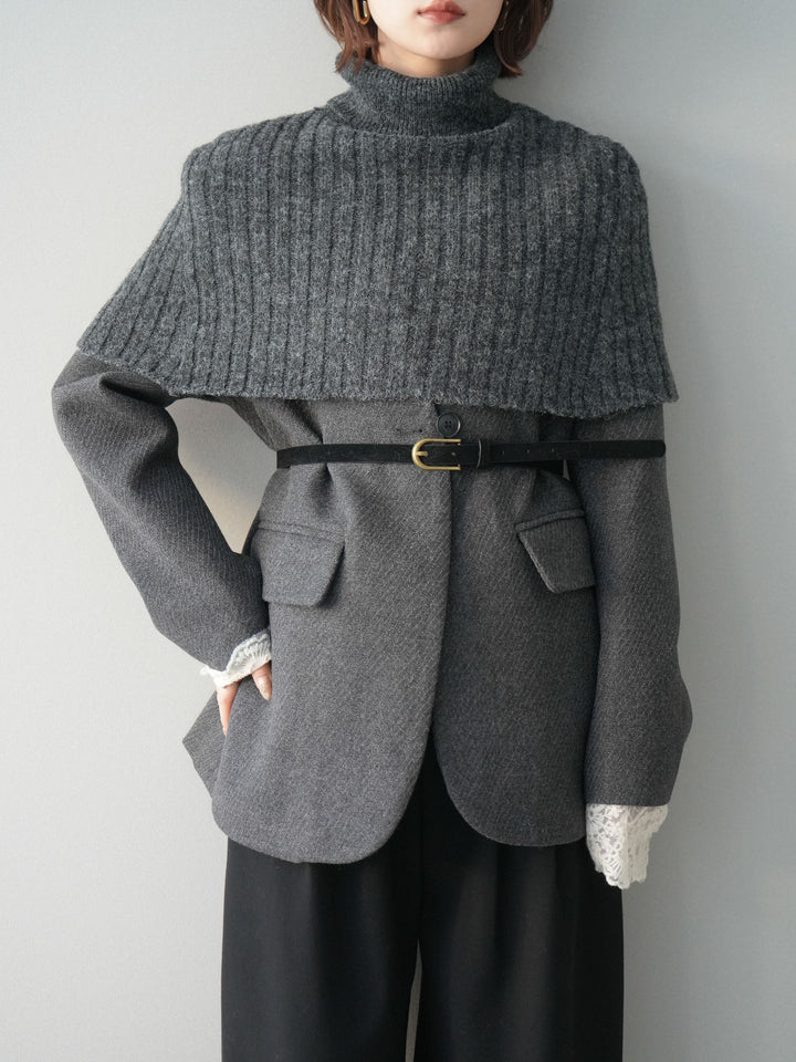 [20%オフ]ケープ付ノーカラージャケット/charcoal