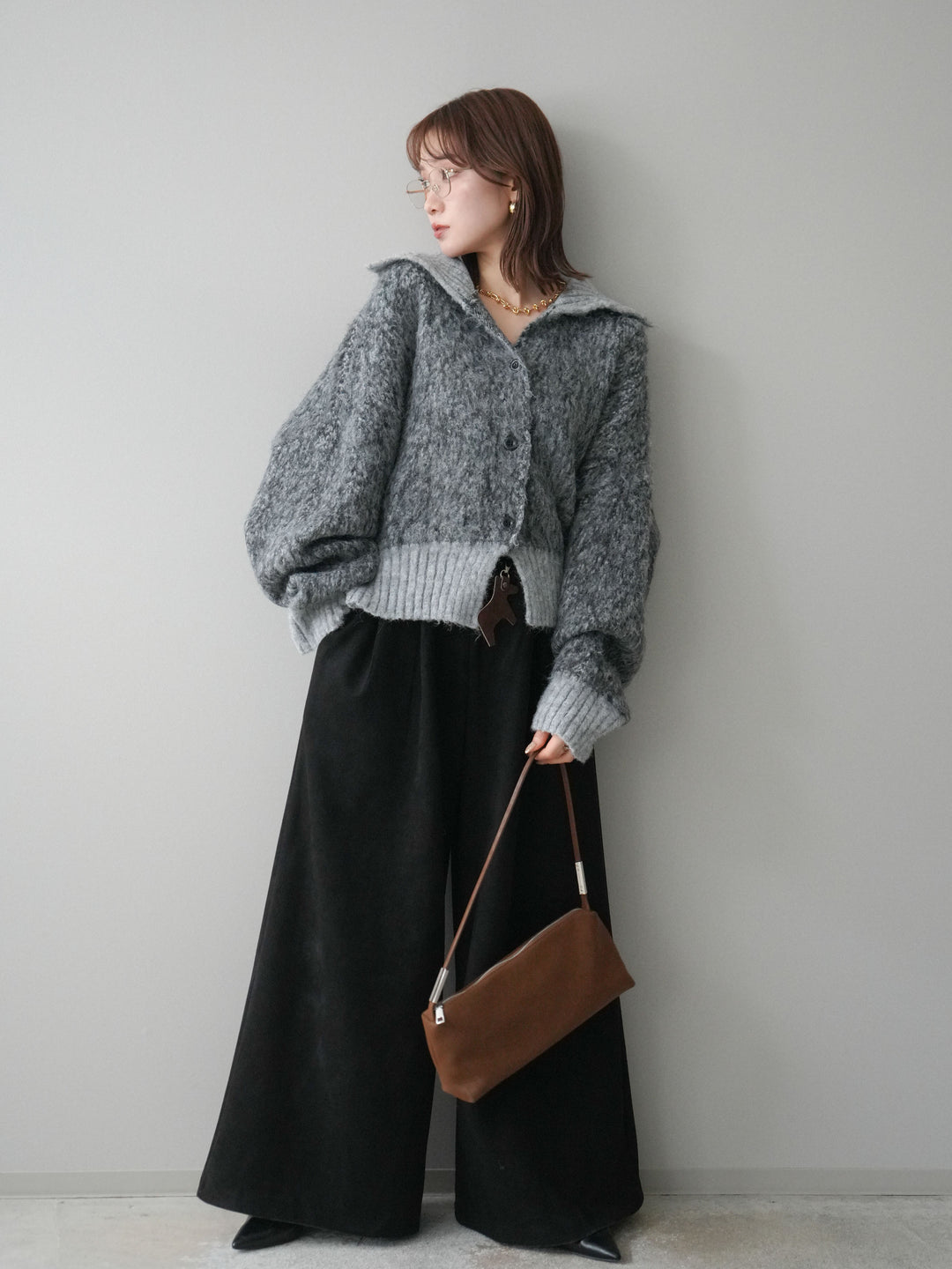 [SET]リブ切替メランジニットカーディガン+モチーフベルト付スエードタックワイドパンツ(2set)