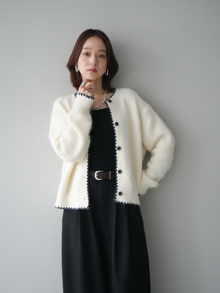 [SET]三角ステッチニットカーディガン+アニマル柄ベルト付きウールタッチワイドパンツ(2set)