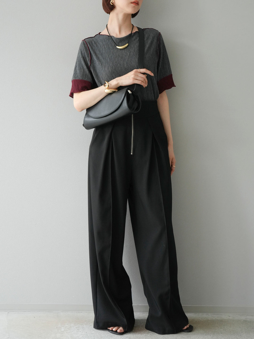 [SET] 百褶同色船領套頭衫 + 拉鍊褶襉寬褲 (2 套)