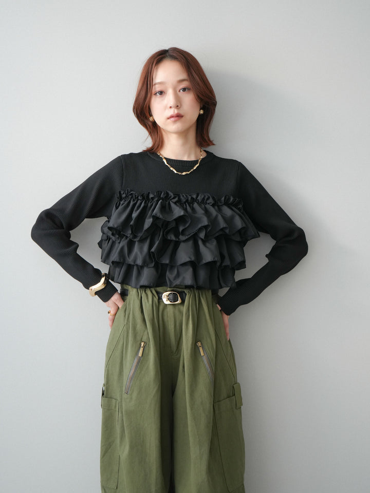 [SET]フリルビスチェドッキングスポンジニットプルオーバー+コットンタックループパンツ(2set)