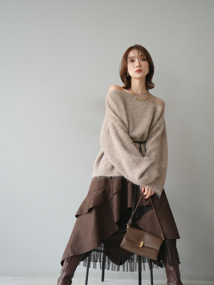 [予約]ネック透かし編みニットプルオーバー/ベージュ
